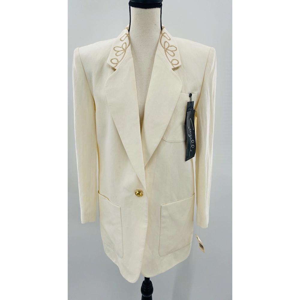 Suzelle Vintage 80's White Silk Gold Detailed‎ Silk Blazer, NWT